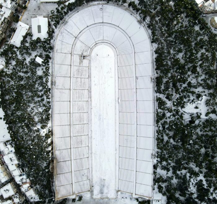 Snow in Panathenaic stadium in Athens, Greece