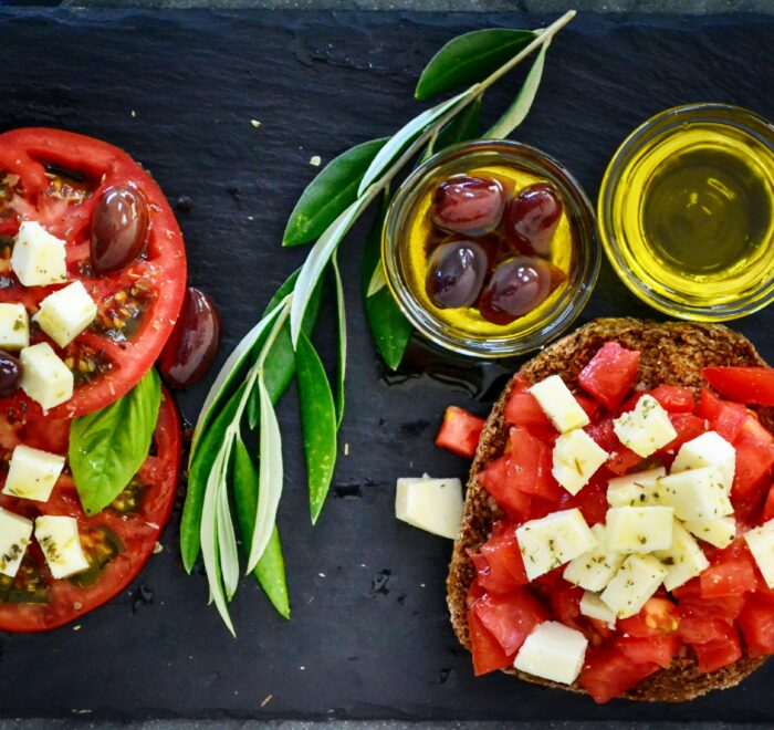 Tomato salad with feta cheese and olive oil in Greece