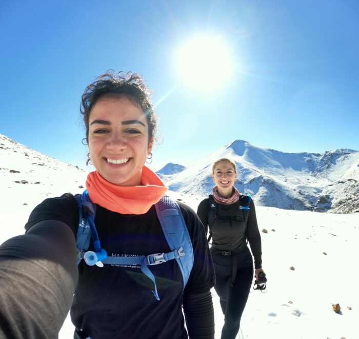 women hiking the Greek mountains during winter in Greece